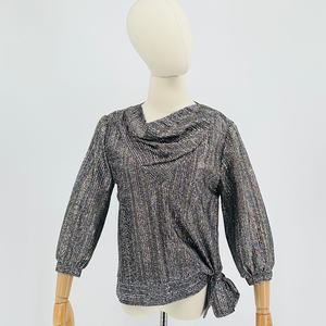 70s/80s Allison Hill Black Rainbow Metallic Cowl Neck Blouse Bow Detail Size S